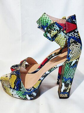 Hot Tomato Multicolor Snakeskin Platform Heels Ankle Strap Block Heel Size 8.5M